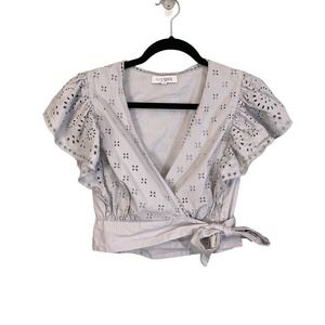 INTERMIX Blouse 4 Lilian Surplice Eyelet Flutter Sleeve Wrap Top Cotton Blue